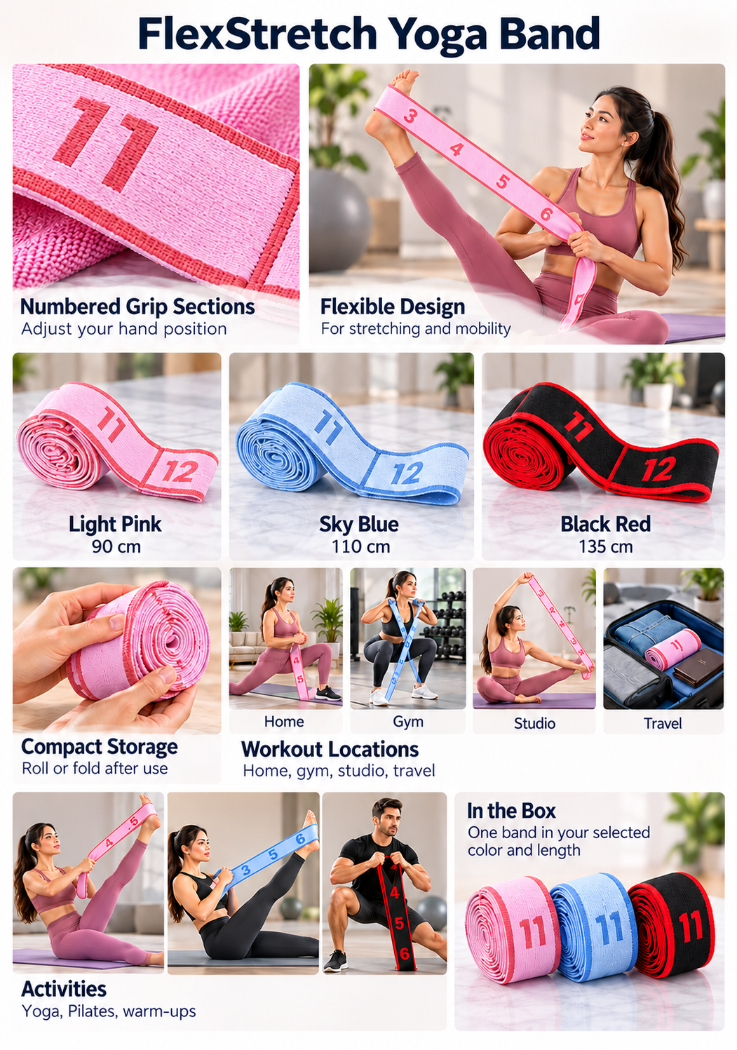 FlexStretch Yoga Band grip positions, colors, lengths, and stretching uses