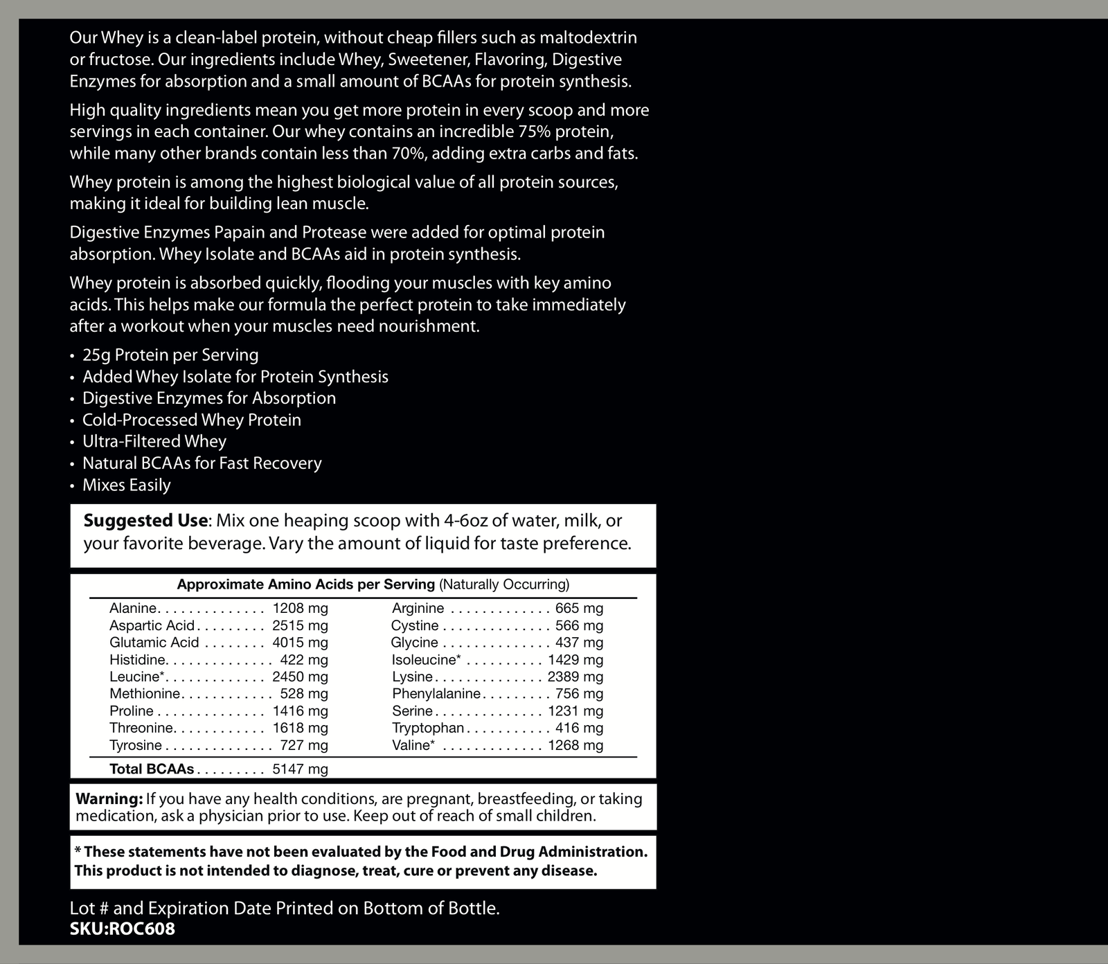 Ingredients, suggested use, and amino acid profile